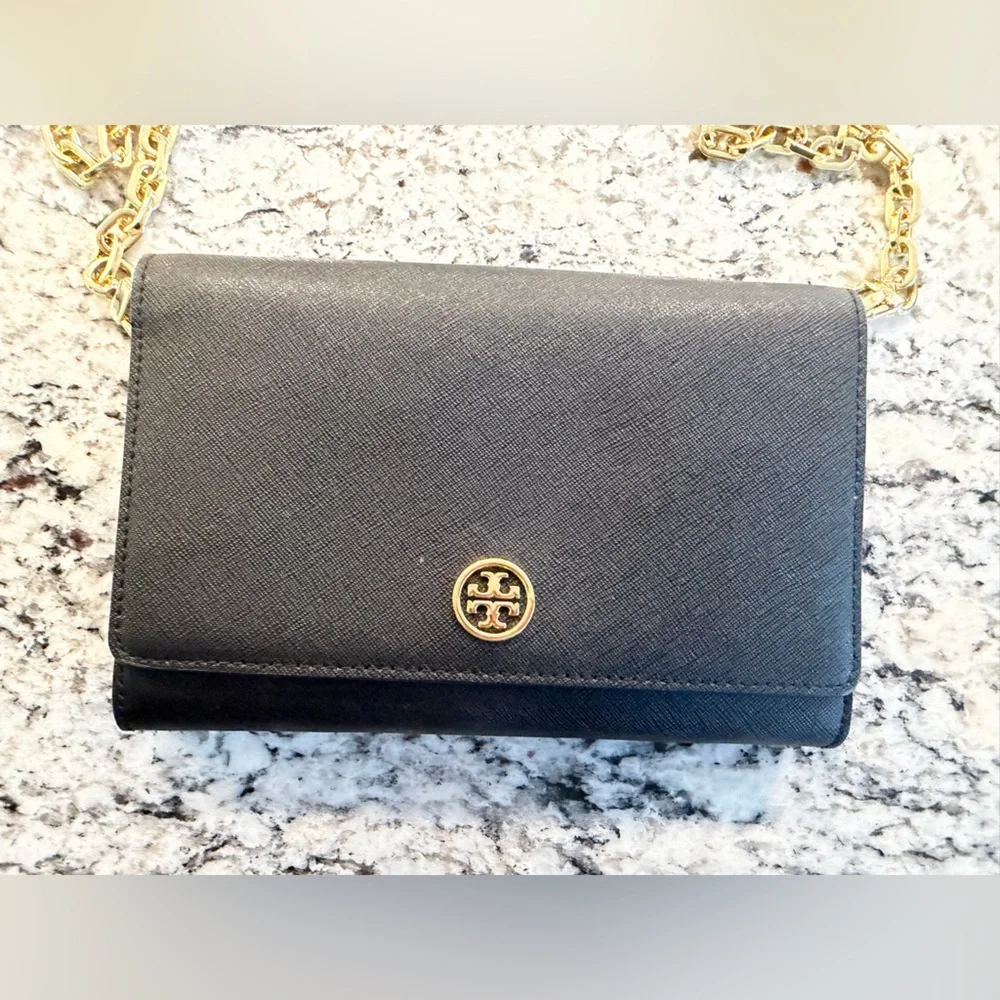 Tory Burch Black Saffiano Robinson or Emerson Gold Chain Bag Wallet Purse